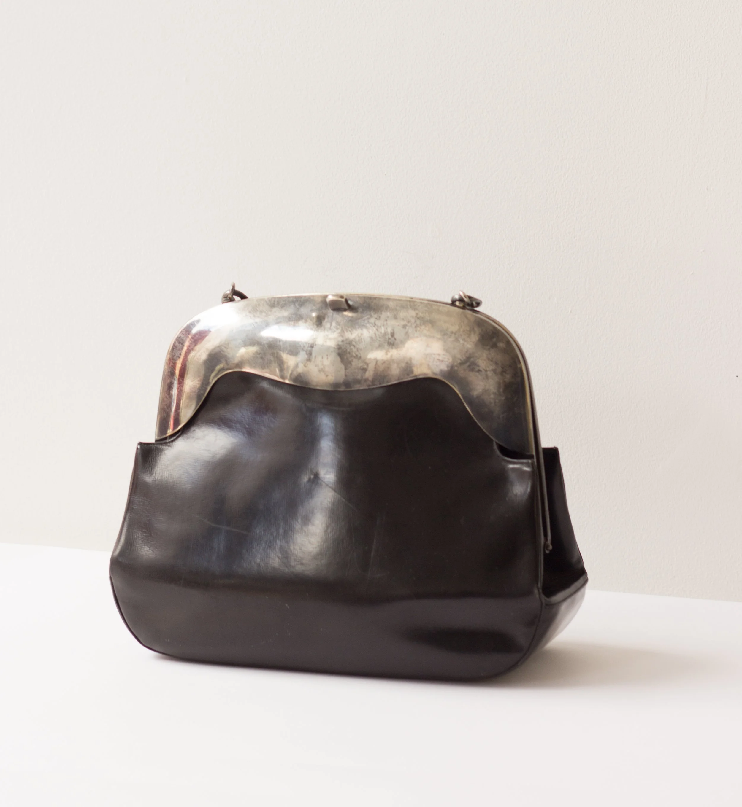 1960s Koret Black Leather and Patina Silver Frame Bag — Wayward